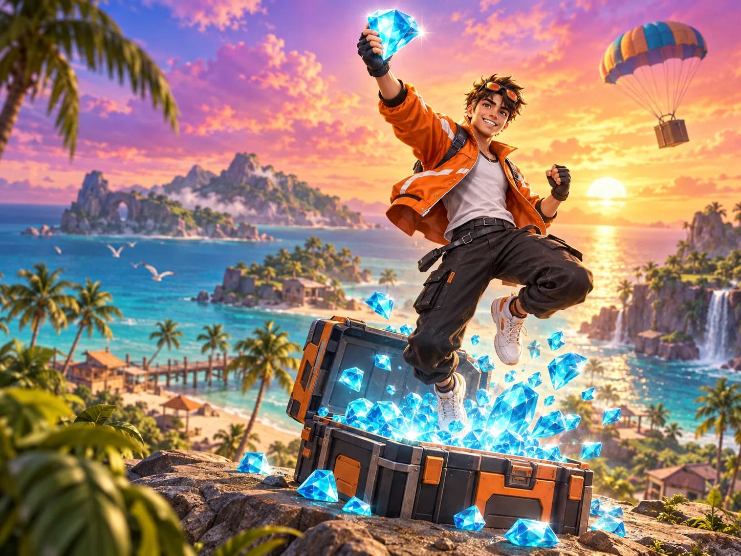 Ilustración de un jugador con un diamante junto a un cofre lleno de diamantes: recarga de Free Fire en Venezuela