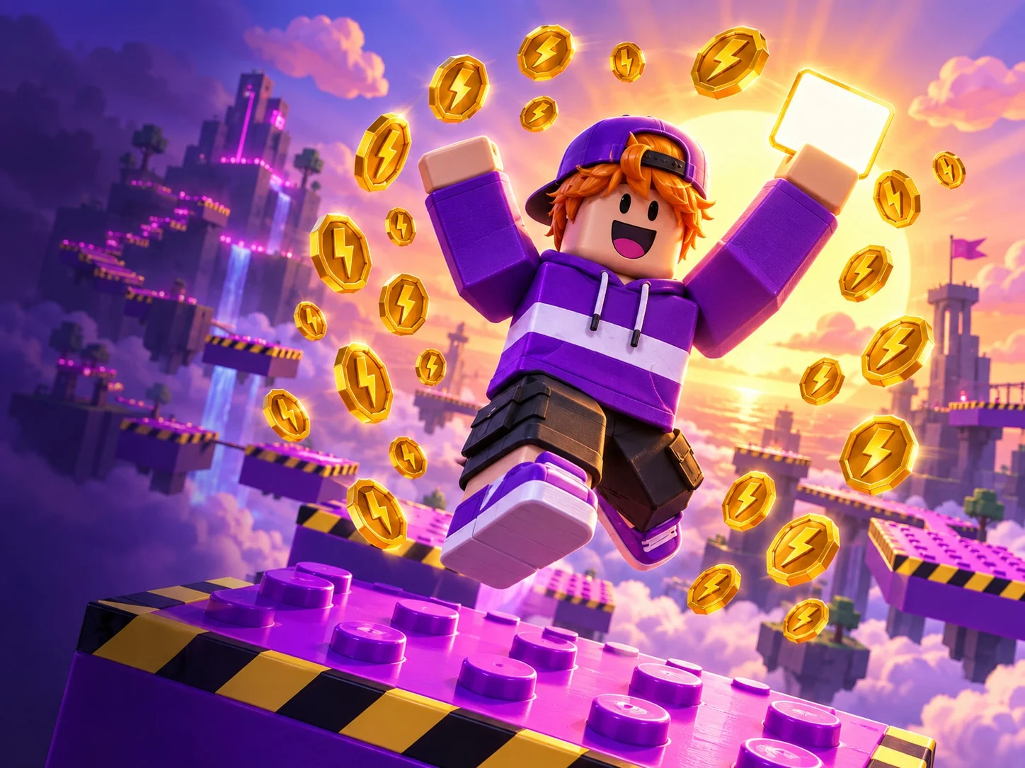 Ilustración de un personaje de bloques saltando entre monedas doradas: recarga de Robux en Venezuela